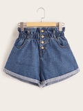 Elastic Waist Rolled Hem Denim Shorts