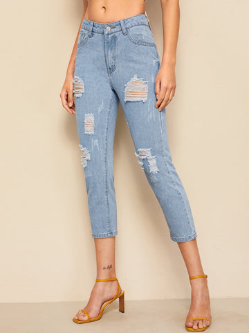 Destroyed Ripped Bleach Wash Jeans