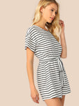 Wide Leg Belted Striped Tee Romper