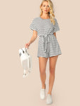 Wide Leg Belted Striped Tee Romper