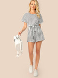 Wide Leg Belted Striped Tee Romper