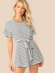 Wide Leg Belted Striped Tee Romper