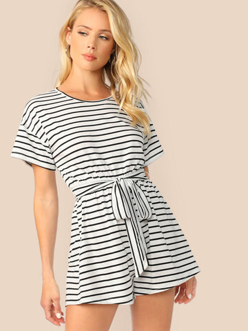 Wide Leg Belted Striped Tee Romper