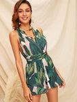 Crisscross Tie Back Tassel Drawstring Tropical Romper
