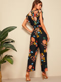 Surplice Wrap Ruffle Trim Botanical Print Jumpsuit