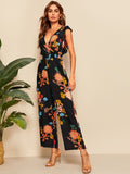 Surplice Wrap Ruffle Trim Botanical Print Jumpsuit