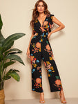 Surplice Wrap Ruffle Trim Botanical Print Jumpsuit