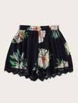 Floral Print Lace Hem Shorts