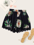 Floral Print Lace Hem Shorts