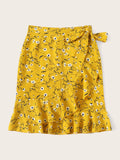 Ditsy Floral Ruffle Hem Knot Wrap Skirt