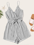 Surplice Striped Self Belted Wrap Romper