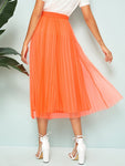 Neon Orange Wide Waistband Pleated Skirt