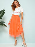 Neon Orange Wide Waistband Pleated Skirt