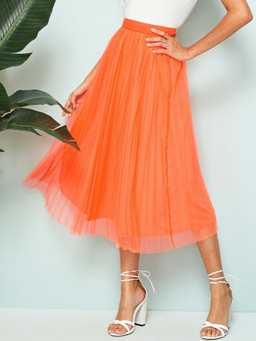 Neon Orange Wide Waistband Pleated Skirt