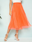 Neon Orange Wide Waistband Pleated Skirt