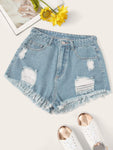 Ripped Detail Raw Hem Denim Shorts