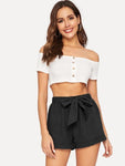 Self Belted Elastic Waist Cuffed Shorts