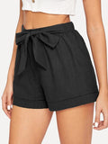 Self Belted Elastic Waist Cuffed Shorts