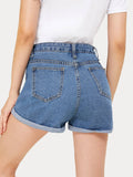 Roll Up Hem Solid Denim Shorts