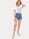 Roll Up Hem Solid Denim Shorts