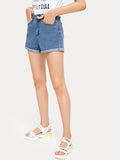 Roll Up Hem Solid Denim Shorts