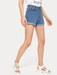 Roll Up Hem Solid Denim Shorts