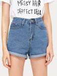 Roll Up Hem Solid Denim Shorts