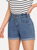 Cuffed Hem Stitch Detail Denim Shorts