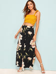 Elastic Waist Floral Print Split Pants