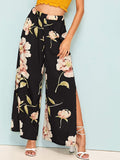 Elastic Waist Floral Print Split Pants