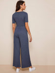 Tie Waist Heather Knit Wide Leg Jumpsuit