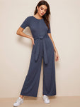 Tie Waist Heather Knit Wide Leg Jumpsuit