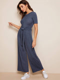 Tie Waist Heather Knit Wide Leg Jumpsuit