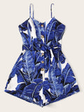 SHEIN Jungle Leaf Print Button Up Belted Romper