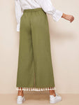 Tassel Hem Belted Wide Leg Pants