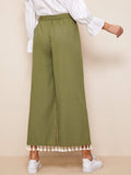 Tassel Hem Belted Wide Leg Pants