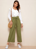 Tassel Hem Belted Wide Leg Pants