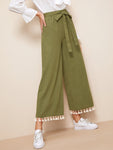 Tassel Hem Belted Wide Leg Pants