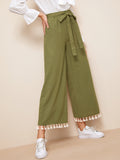 Tassel Hem Belted Wide Leg Pants