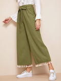 Tassel Hem Belted Wide Leg Pants