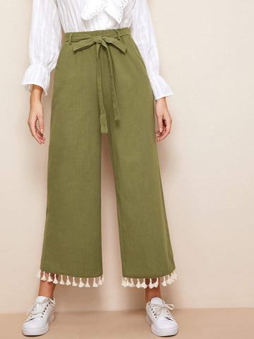 Tassel Hem Belted Wide Leg Pants