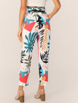 Tropical Wide Band Waist Self Belt Pants