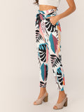 Tropical Wide Band Waist Self Belt Pants