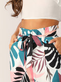 Tropical Wide Band Waist Self Belt Pants