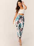 Tropical Wide Band Waist Self Belt Pants