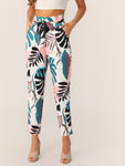 Tropical Wide Band Waist Self Belt Pants