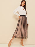 High Waist Striped Mesh Overlay Skirt