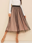 High Waist Striped Mesh Overlay Skirt