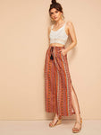 Aztec Print Side Slit Drawstring Waist Culotte Pants