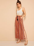 Aztec Print Side Slit Drawstring Waist Culotte Pants